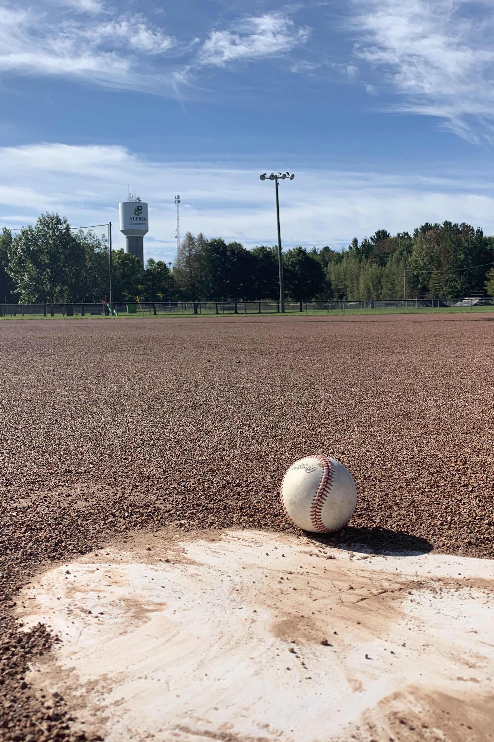 A baseball on a field.