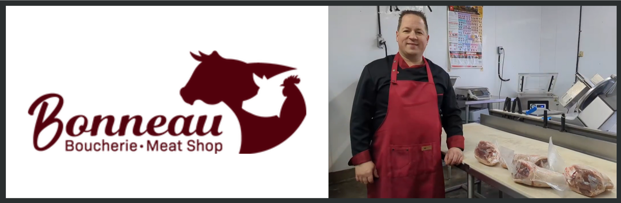 Bonneau Meat Shop logo with owner Benoit Bonneau standing at a counter in the shop with cuts of meat on the table 