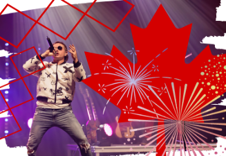 Man holding microphone singing on stage with icon of big red maple leaf