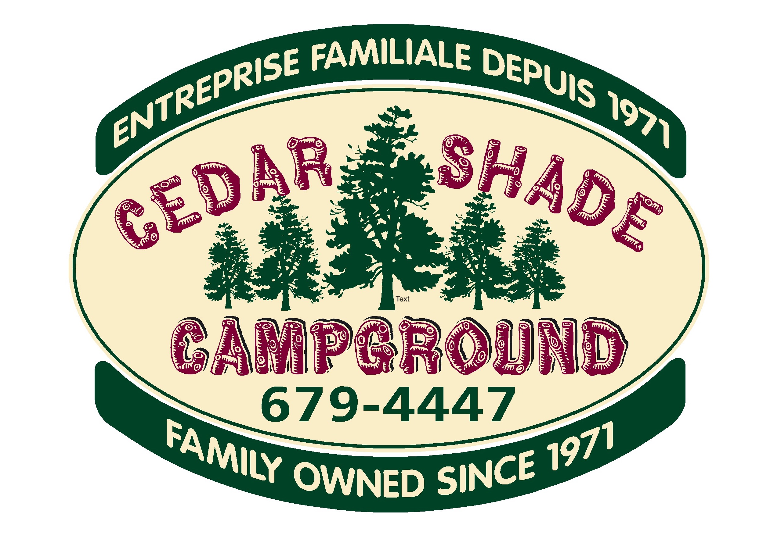 Trees and a camping car with ceadar shade camp ground written down