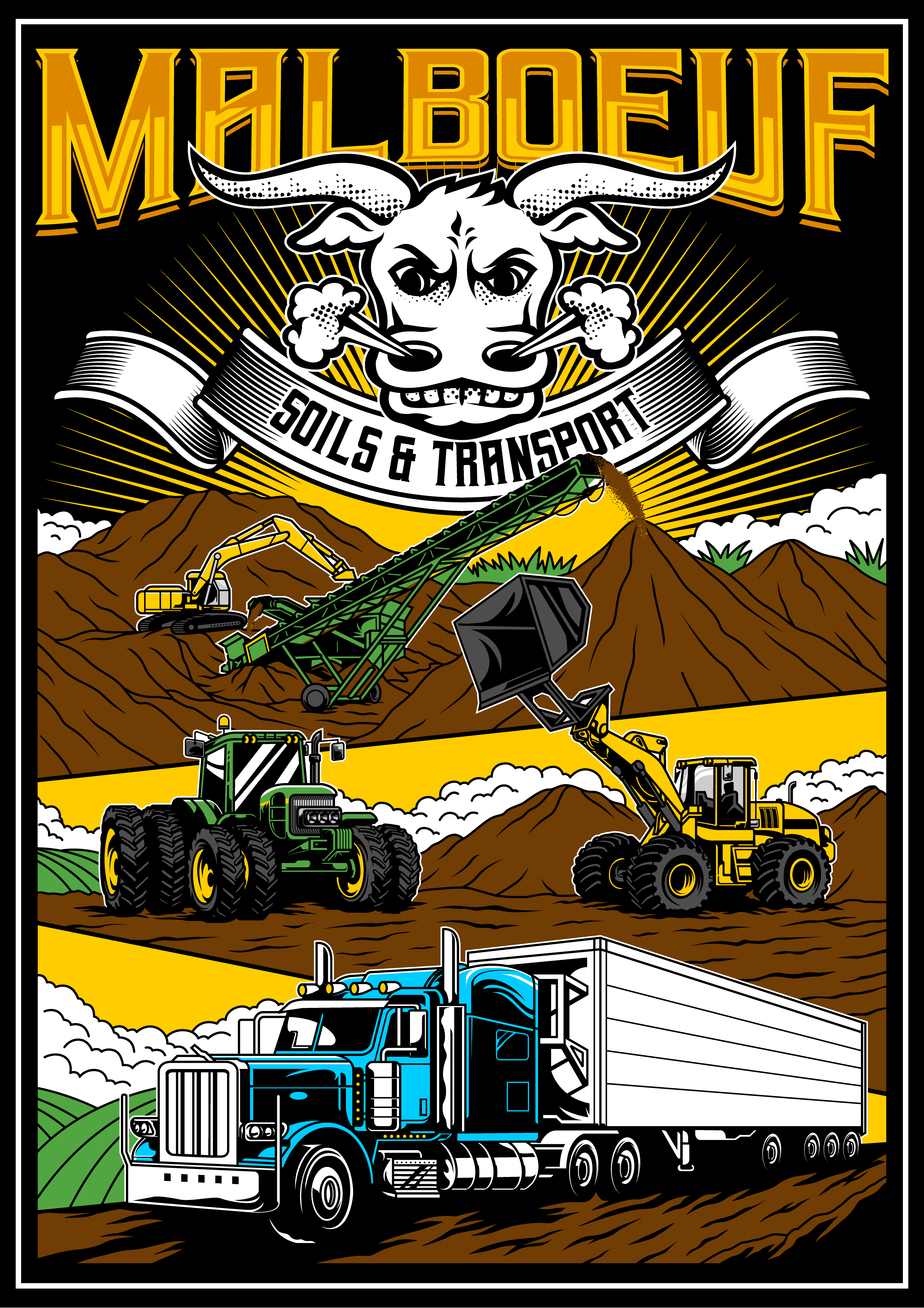 A big truck, a big tractor and dirt with the words Malboeuf costum work written down