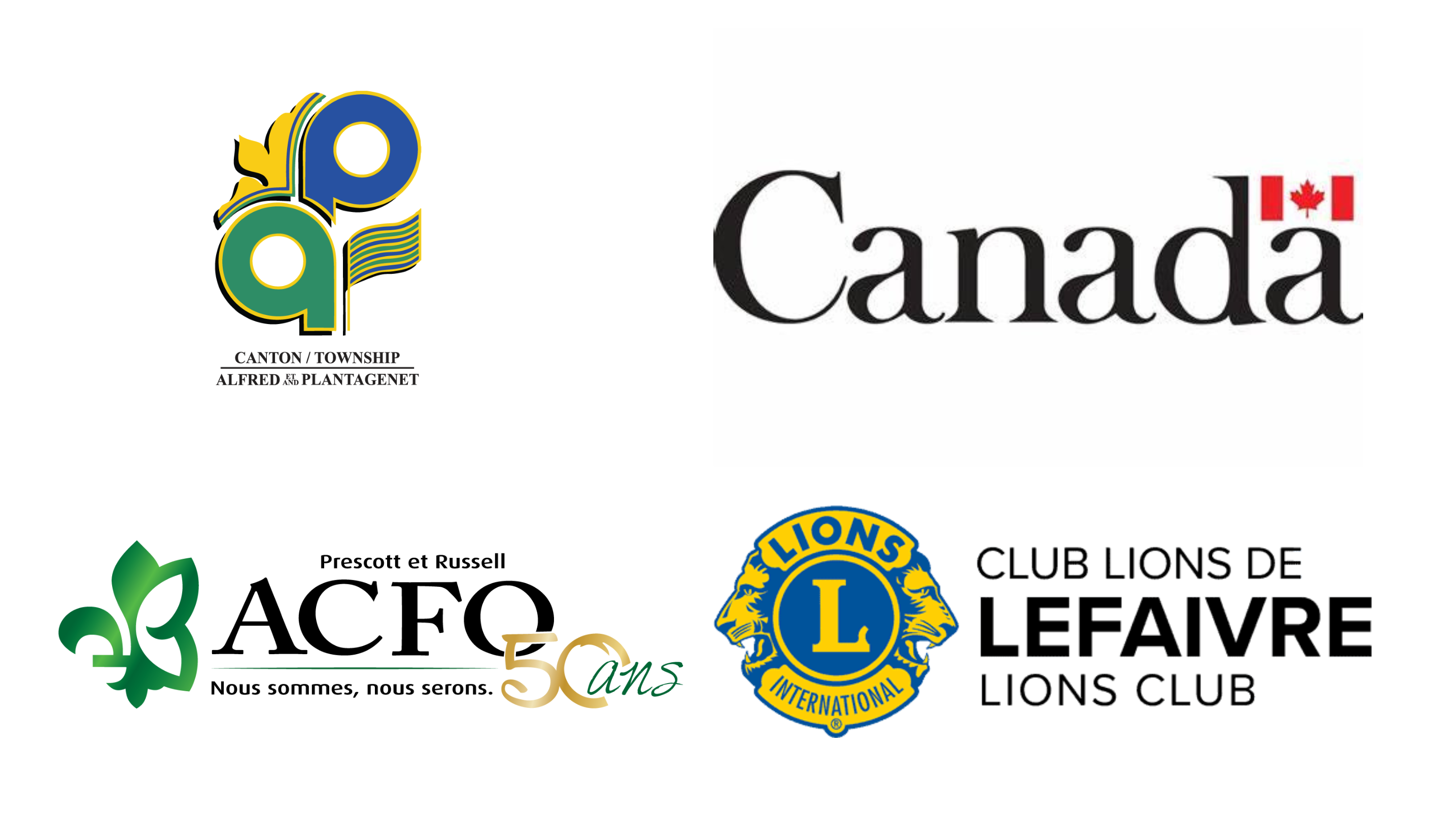Major sponsors logo: Township of Alfred and Plantagenet, Heritage Canada, Association des communautés francophones de l'Ontario pour Prescott et Russell, Le Club Lions de Lefaivre 