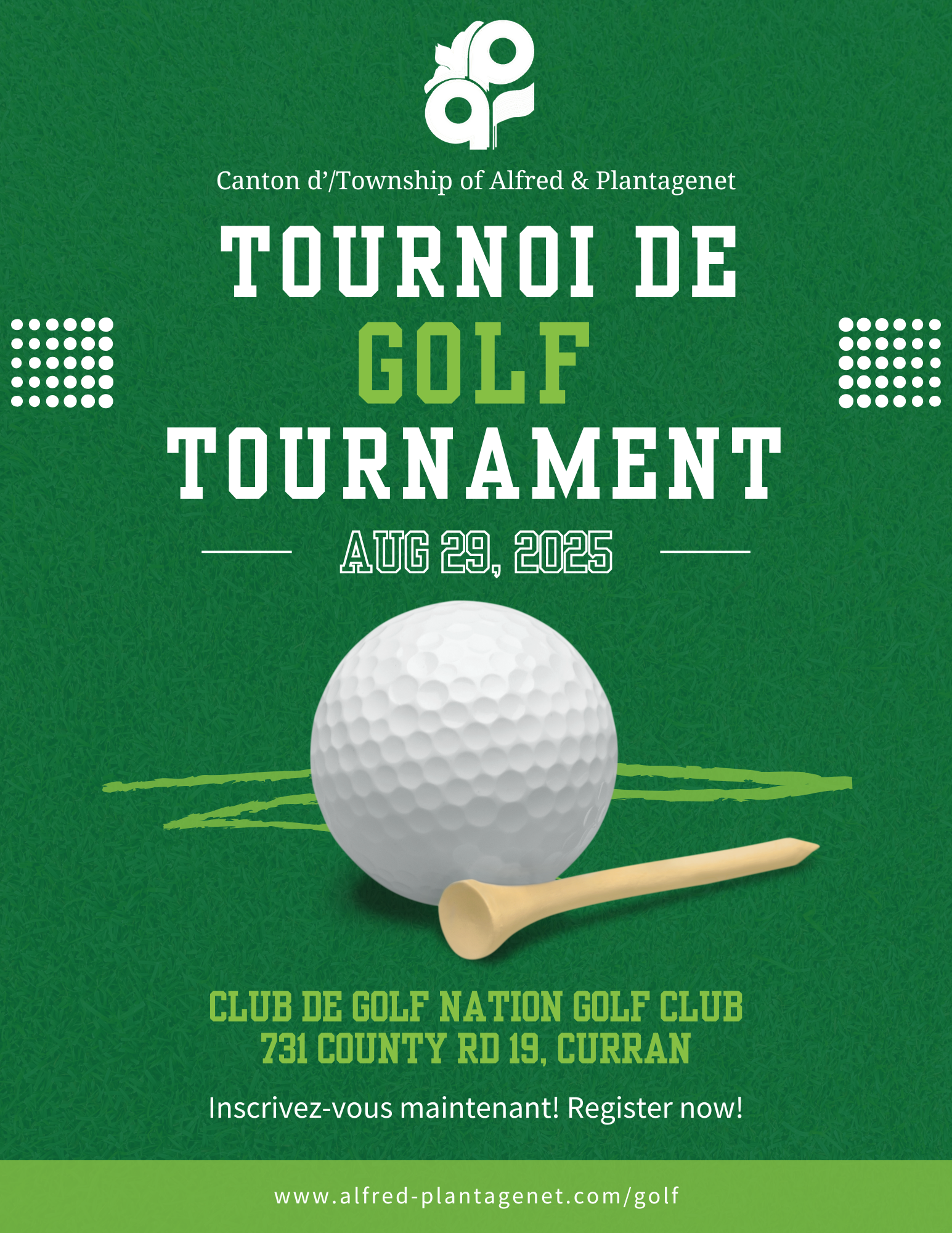 Affiche d'invitation au tournoi de golf 2025 de la municipalité qui aura lieu le 29 août 2025 au Club de golf Nation