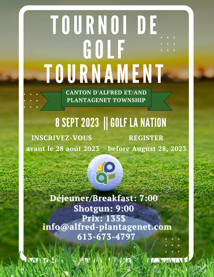 Affiche d'invitation au tournoi de golf, texte : 135$ par joueur, au Nation Golf Club à Curran, envoyer la demande et le paiement avant le 28 août