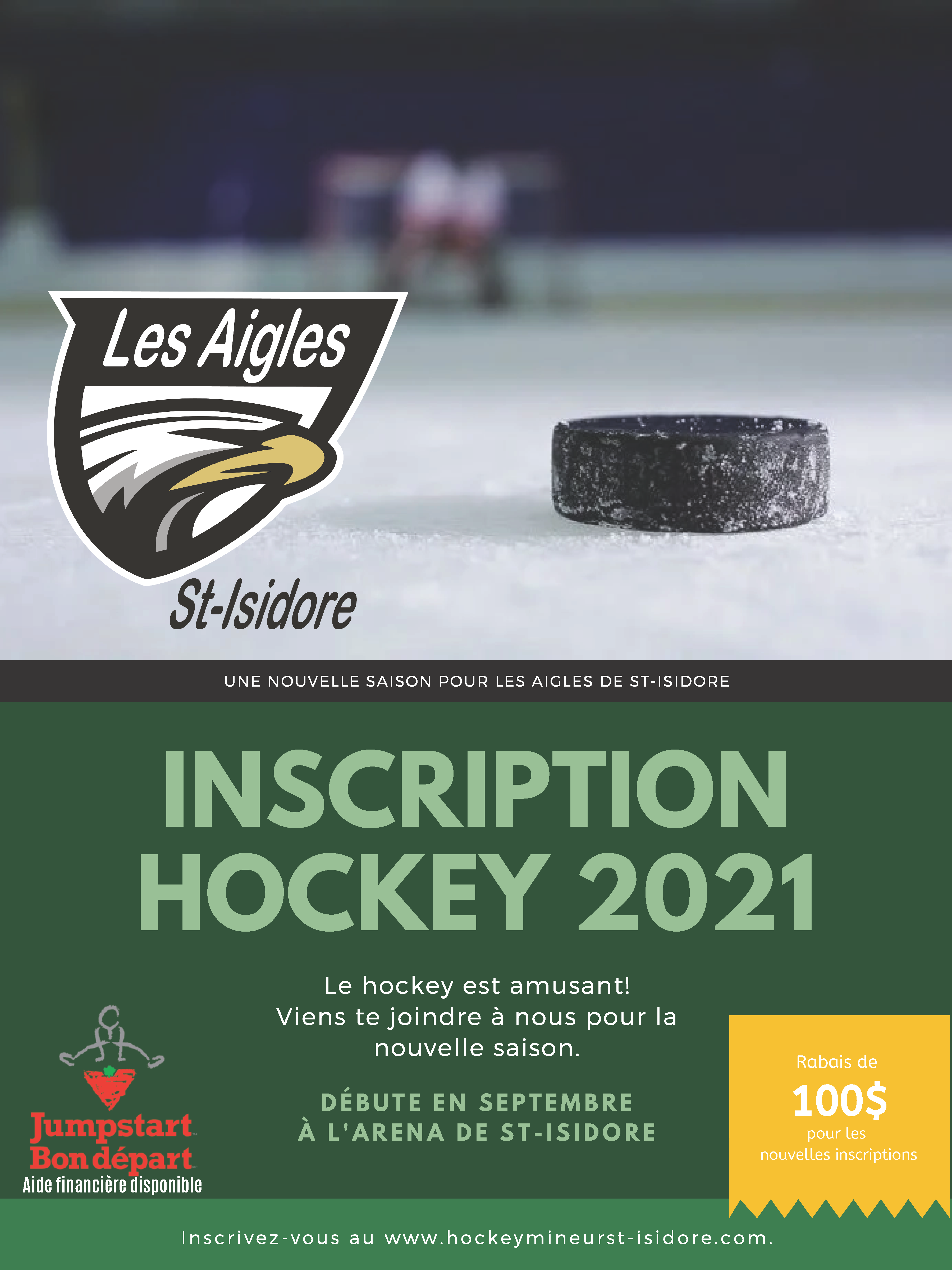 Inscriptions pour la saison hockey 2021 commence maintenant. Inscrivez-vous au www.hockeymineurst-isidore.com