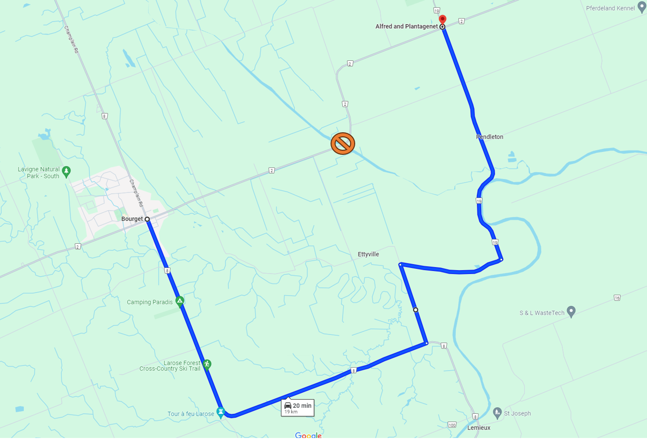 The proposed detour passes through Pendleton via County Road 19 to Bourget via County Road 8