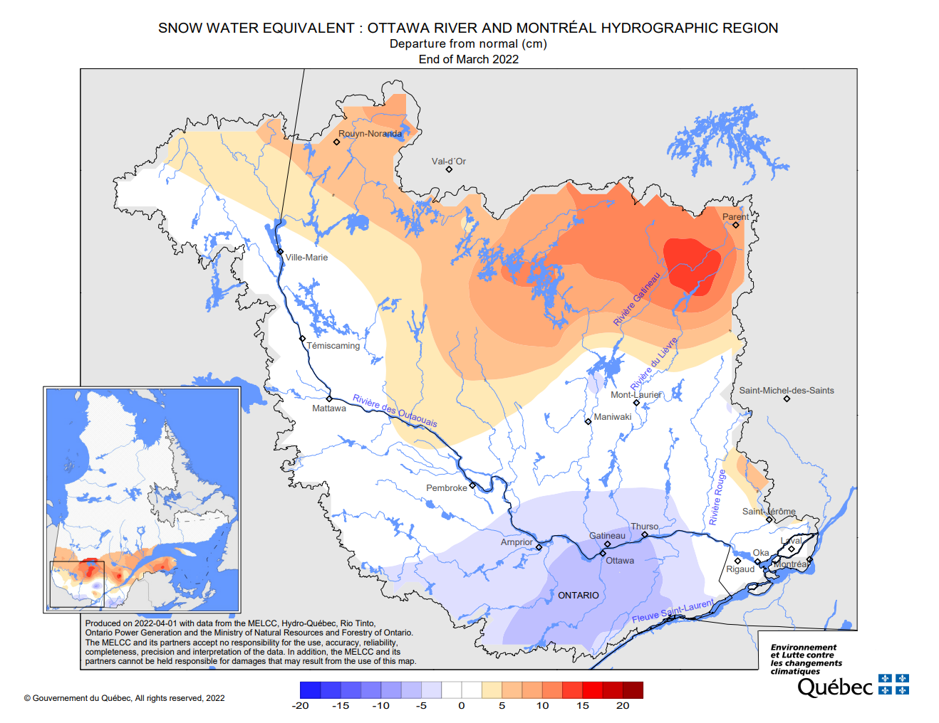 Map depicting the snow water equivalent of the Ottawa River and Montréal Hydrographic region
