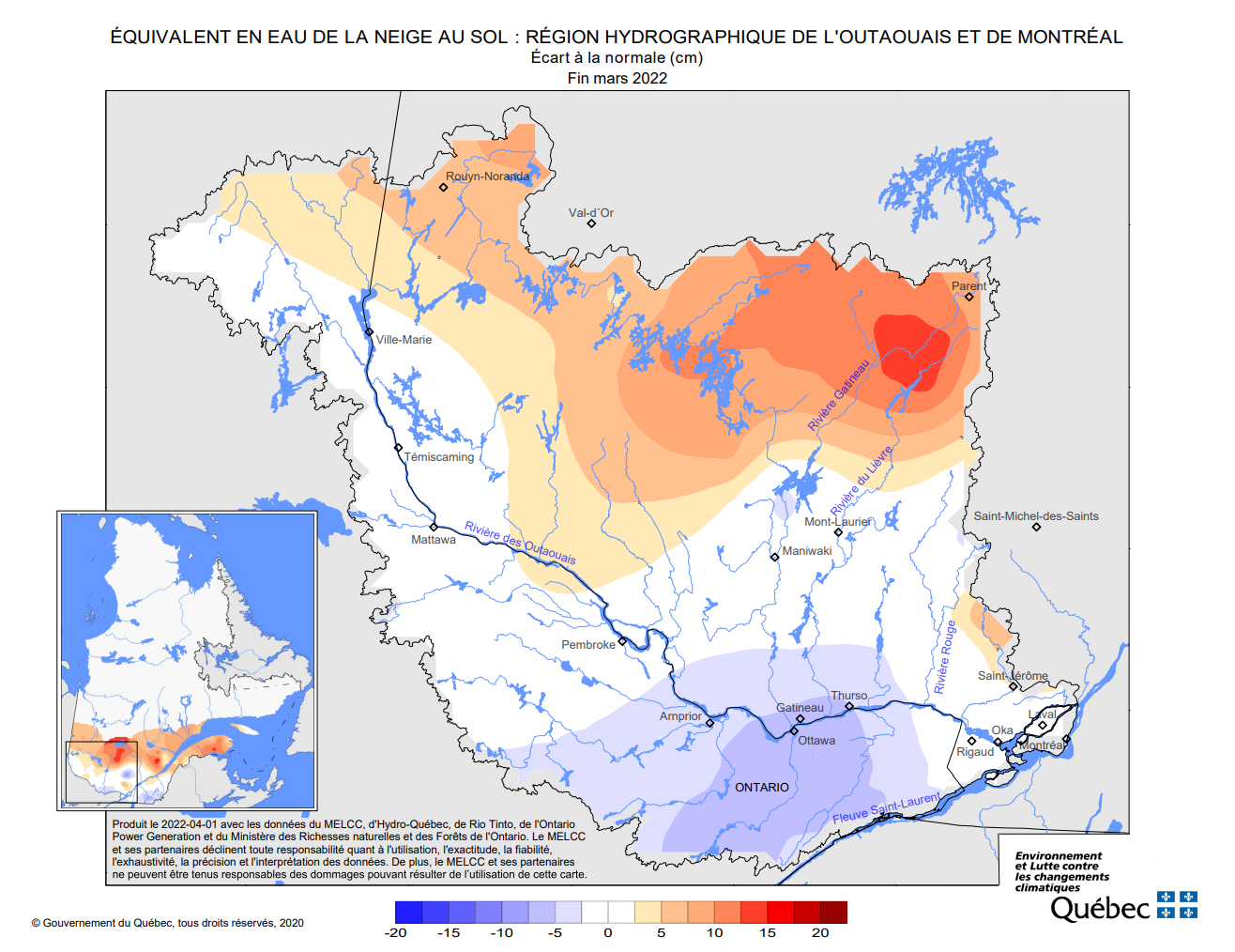 Carte de l'équivalent en eau de la neige au sol de la région hydrographique de l'Outaouais et de Montréal