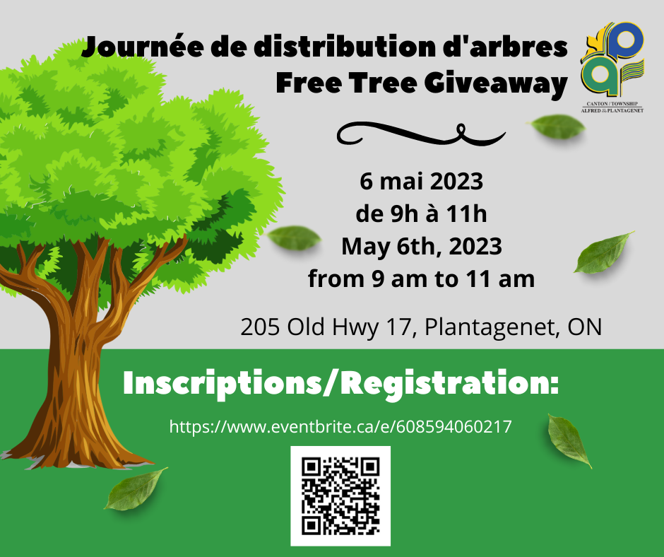 Leafy tree, text: Free Tree Giveaway on may 6 2023 from 9 to 11 a.m. at 205 old highway 17, Plantagenet.