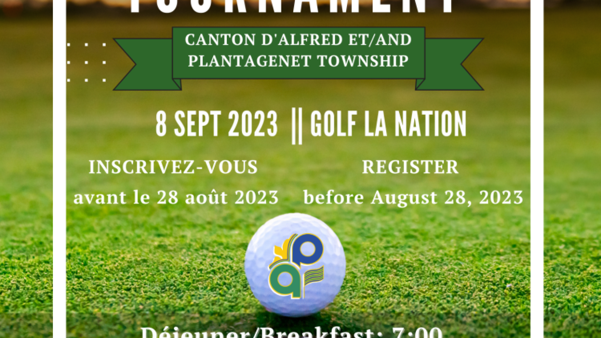 Golf tournament flyer with details and contact information.