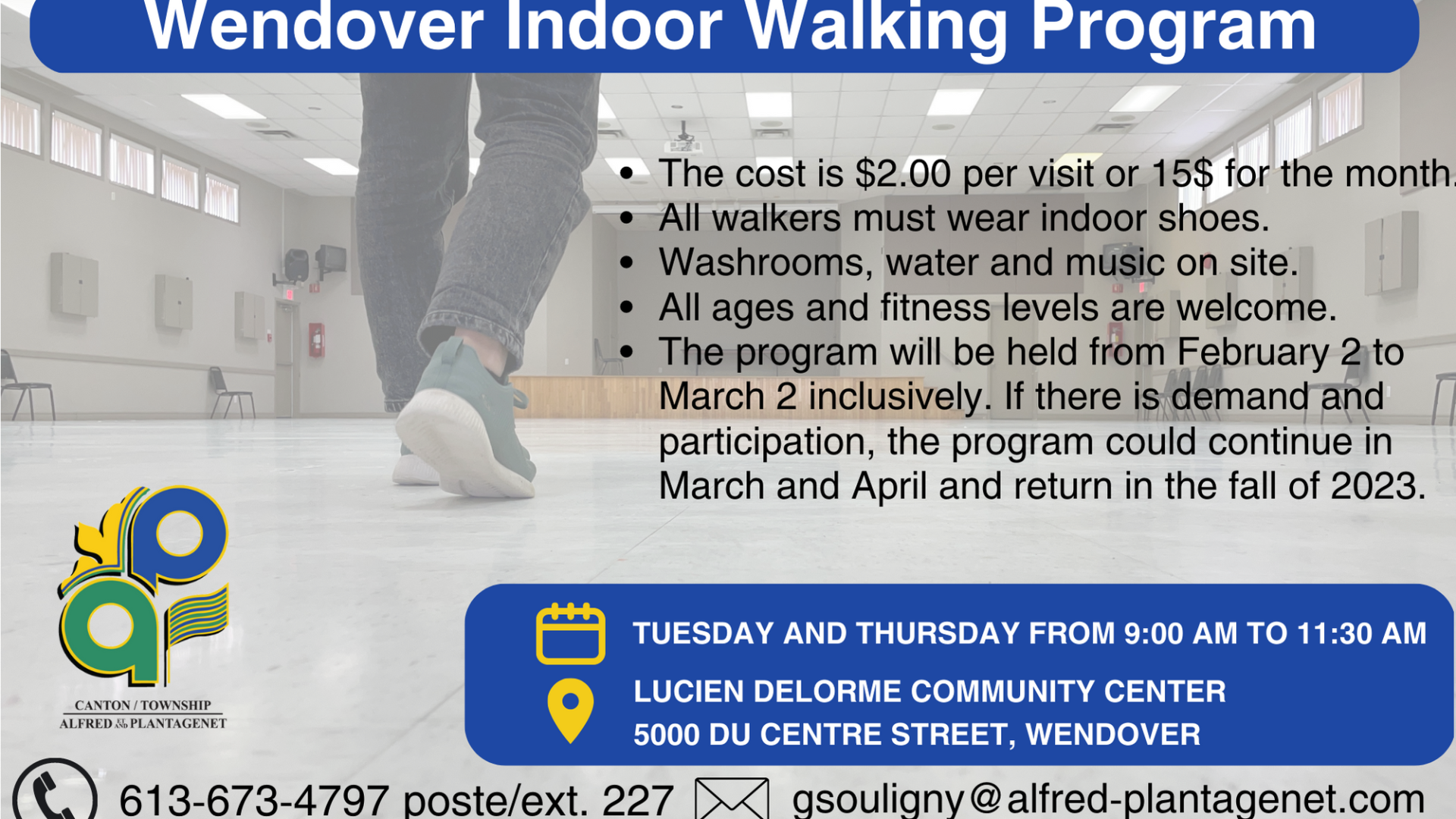 Wendover Indoor Walking Program flyer with event details and contact info.