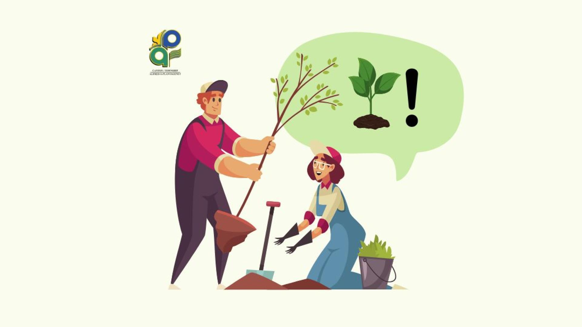 Image promotionelle pour l'opération pommiers, deux personnes qui plante un arbre. 