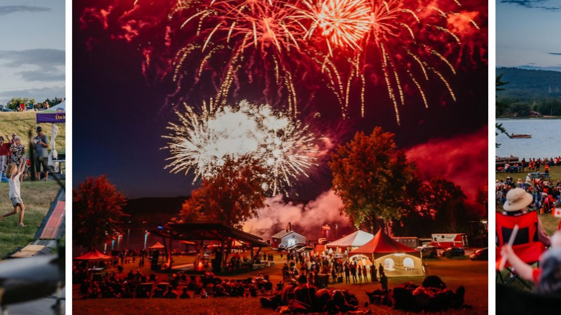 3 images : un guitariste devant une foule, des feux d'artifice, un site événementielle vue de haut