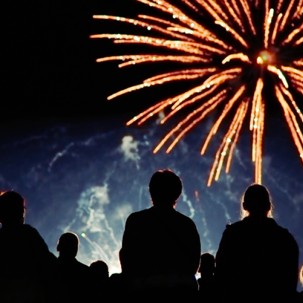 A crowd siting in the grass, watching fireworks.