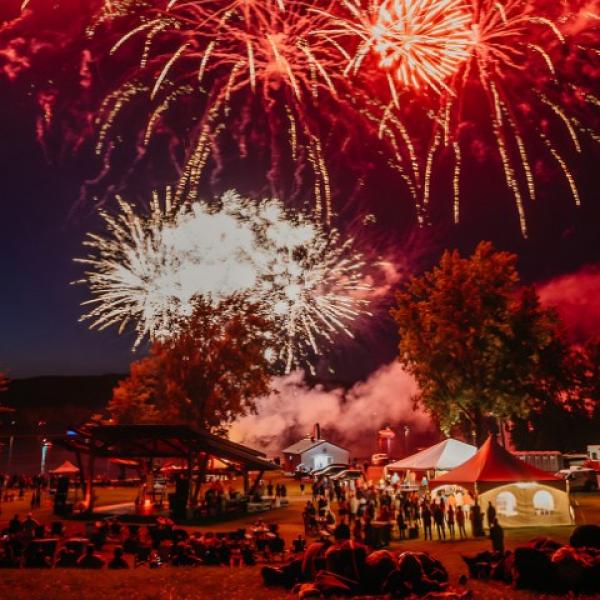 3 images : un guitariste devant une foule, des feux d'artifice, un site événementielle vue de haut