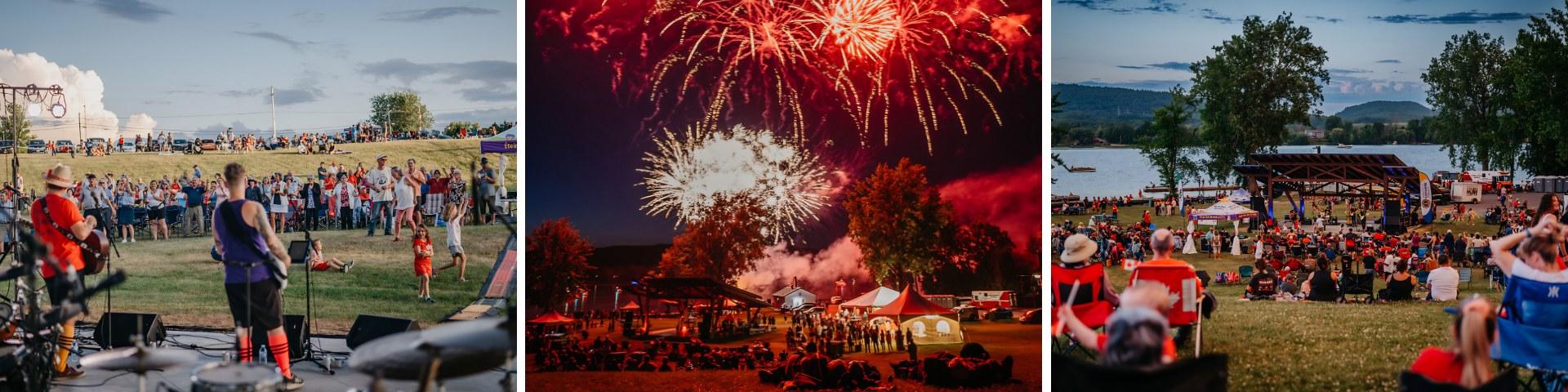 3 images : un guitariste devant une foule, des feux d'artifice, un site événementielle vue de haut