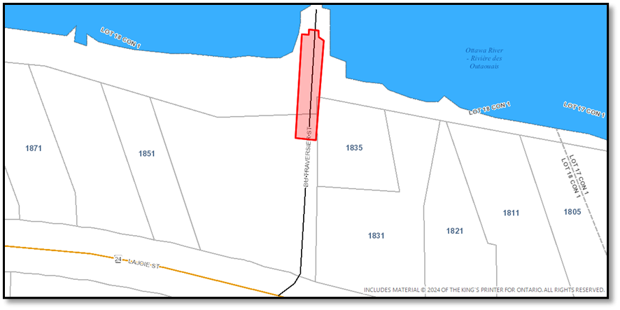 Carte simple d'une zone côtière avec une section en rouge.