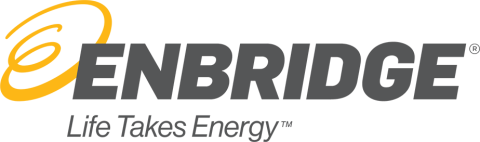 Logo Enbridge, texte gris avec un symbole jaune stylisé.