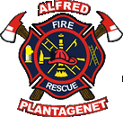 Fire department logo with axes, helmet, and ladder.