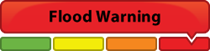 Red flood warning graphic with colored alert levels.