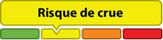 Flood risk warning in yellow on color-coded scale.