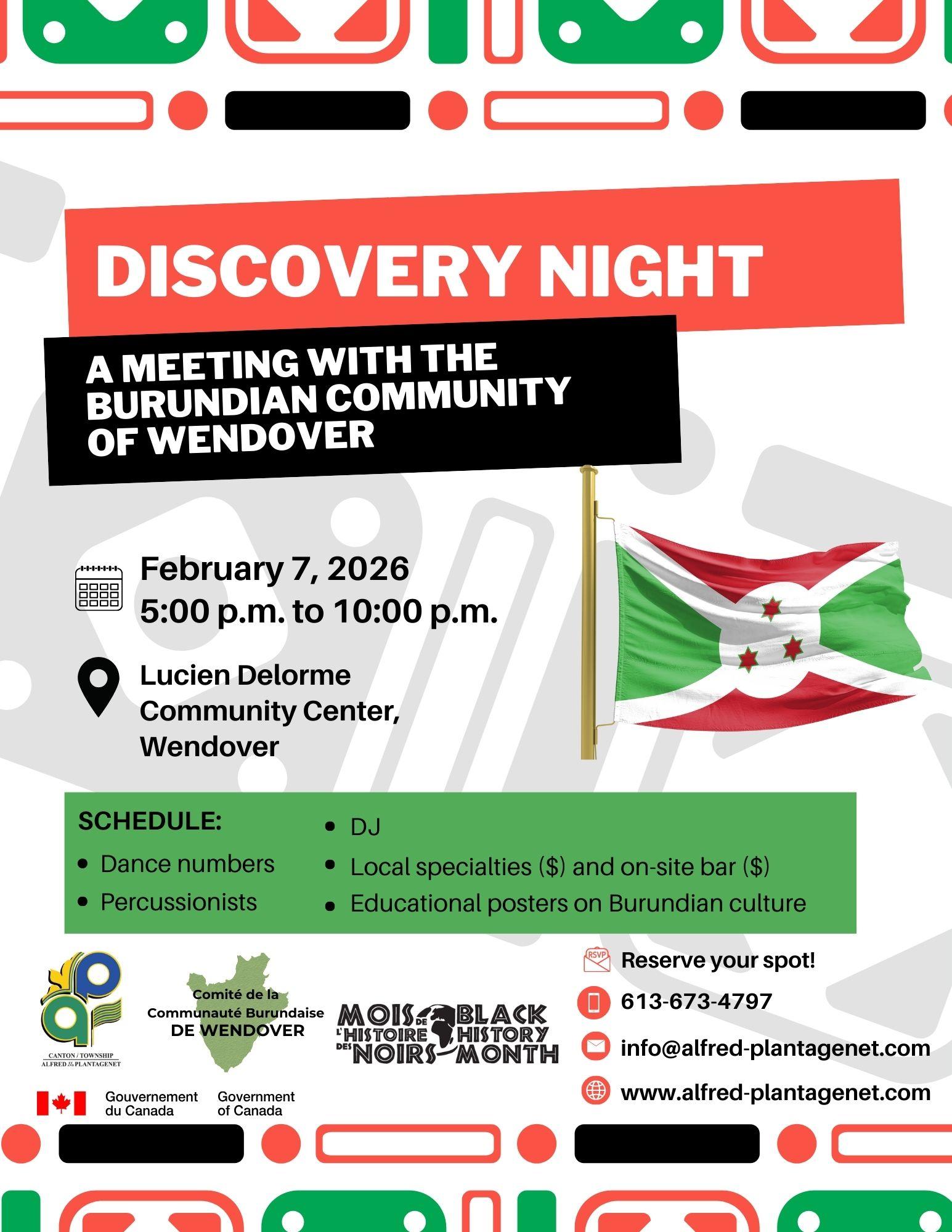 Promotional sign for a Discovery Night with the Burundian community of Wendover