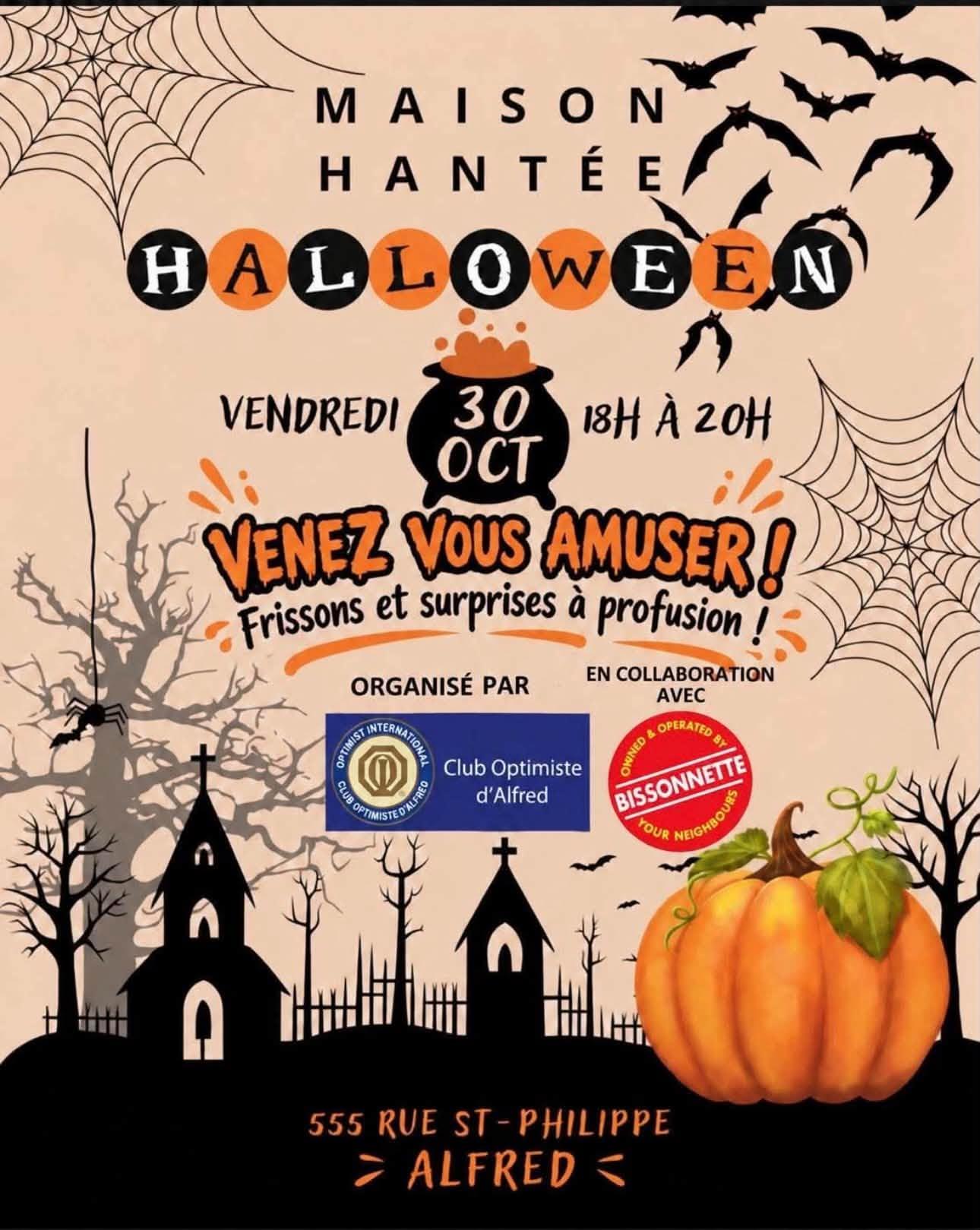 Affiche promotionnelle pour la maison hantée du club optimiste d'Alfred